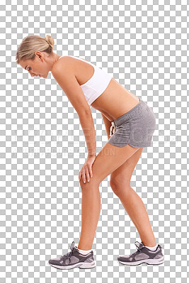 Buy stock photo Fitness, running and woman tired for workout on isolated, PNG and transparent background for healthy body. Sports, wellness and exhausted female athlete rest for marathon training, exercise and run