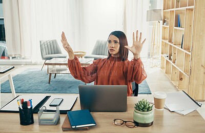 Buy stock photo Hologram, invisible screen and business woman in office for user interface, 3d dashboard or ux mockup. Futuristic, corporate and person at desk with hands for research, online website or digital tech