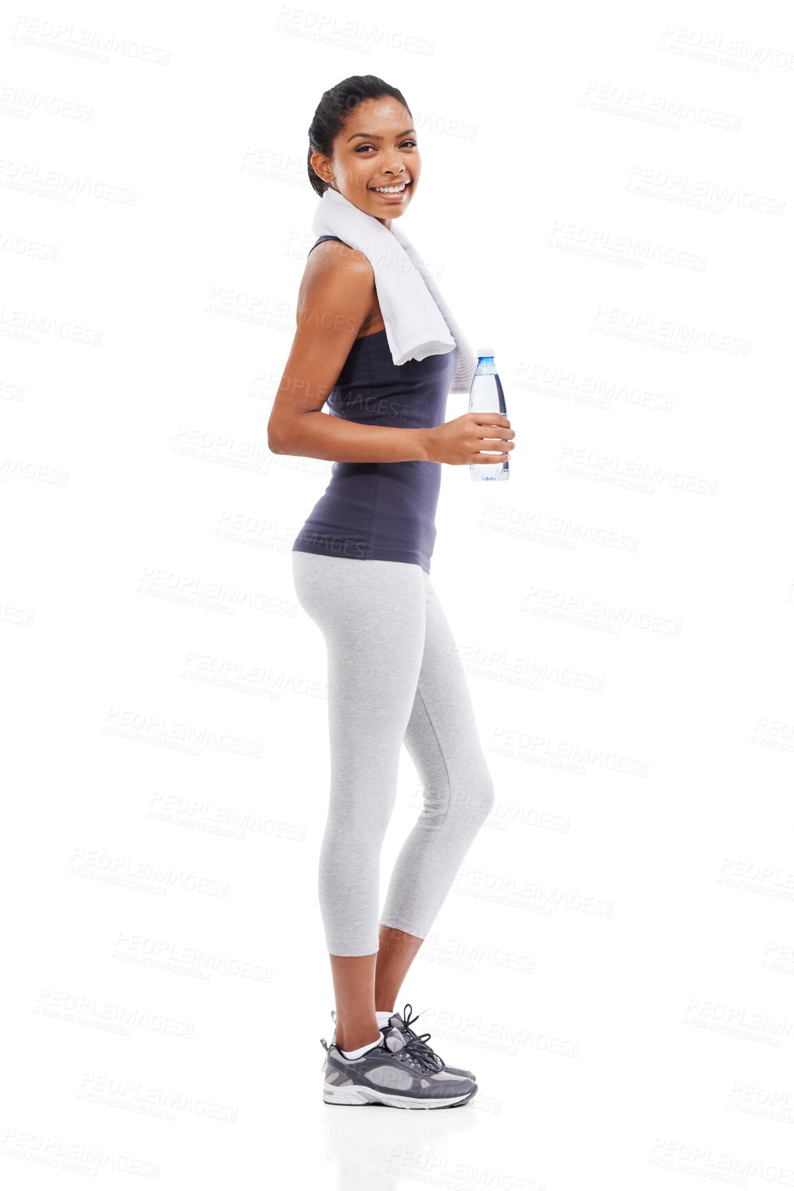 Buy stock photo Fitness, portrait of a happy woman with water and isolated against a transparent png background for health wellness. Exercise or workout, healthy body and female athlete training with a smile