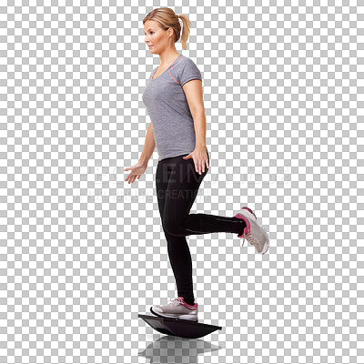 Buy stock photo Fitness, woman balance on a board and isolated against a transparent png background for workout. Training or exercise, sportswear or practice and female athlete with gym or sports equipment 