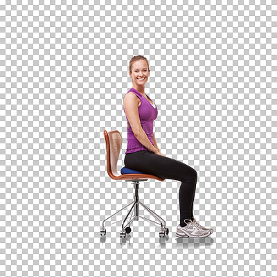 Buy stock photo Fitness, chair and portrait of a female athlete sitting after a workout, exercise or training. Happy, smile and young sports woman relaxing with confidence isolated by a transparent png background.