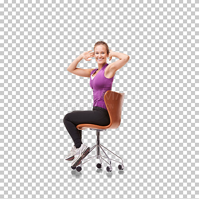 Buy stock photo Sport, woman and chair for stretching in portrait for png or isolated and transparent background. Training, fitness and exercise with posture on chairs for wellness for body care or ergonomics.