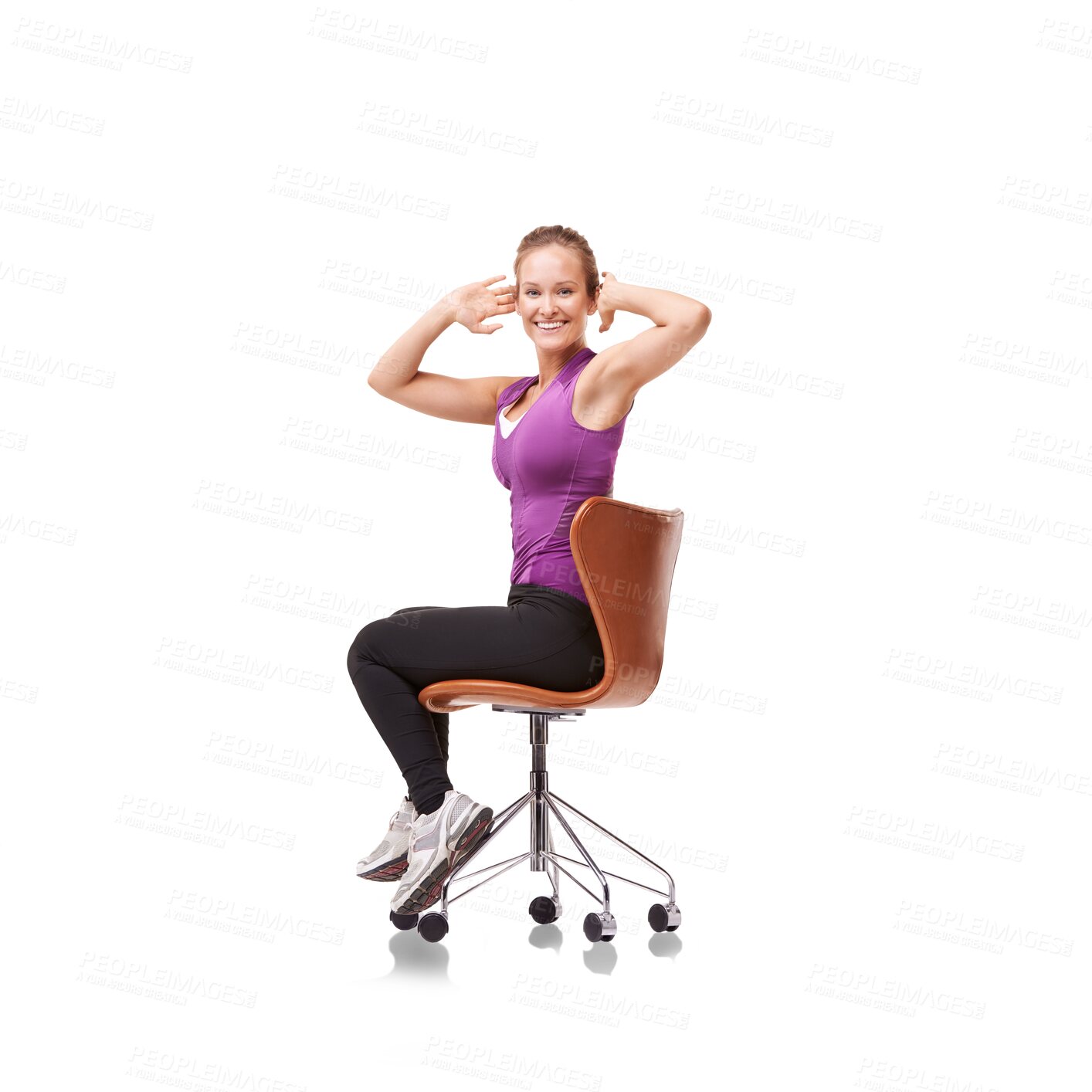 Buy stock photo Sport, woman and chair for stretching in portrait for png or isolated and transparent background. Training, fitness and exercise with posture on chairs for wellness for body care or ergonomics.