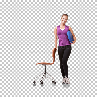 Buy stock photo Chair, balance cushion and portrait of woman on isolated, png and transparent background for health. Fitness, healthy body and female person with posture pillow for wellness, training and exercise