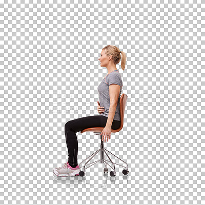 Buy stock photo Stretching, breathing and fitness with woman and chair on transparent background for training, workout and health. Exercise, wellness and posture with person isolated on png for body and challenge