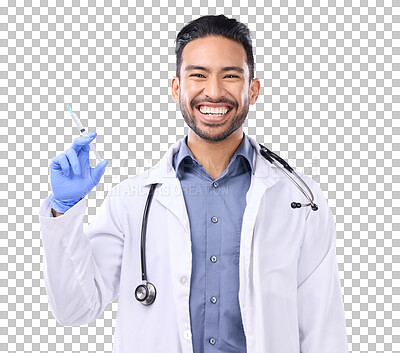 Buy stock photo Portrait, happy man and doctor with needle, health and vaccine isolated on transparent png background. Male physician, excited and healthcare, safety from virus and syringe, injection and medicine