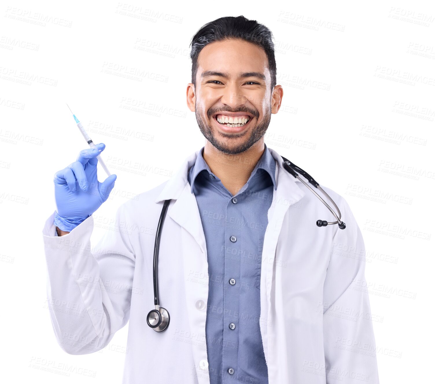 Buy stock photo Portrait, happy man and doctor with needle, health and vaccine isolated on transparent png background. Male physician, excited and healthcare, safety from virus and syringe, injection and medicine
