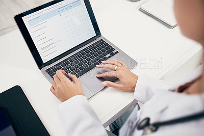 Buy stock photo Laptop, hands or doctor with research, medical update or telehealth web service in hospital clinic. Woman, screen or surgeon working in professional healthcare typing on digital tech for email info
