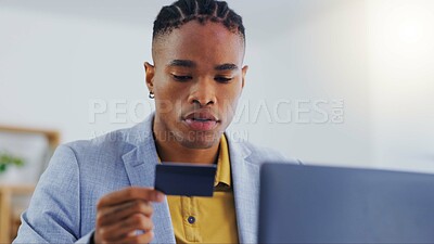 Buy stock photo Online shopping laptop, credit card or black man happy for banking payment, corporate loan success or account money. Financial sale, e commerce website or male customer with easy fintech omnichannel