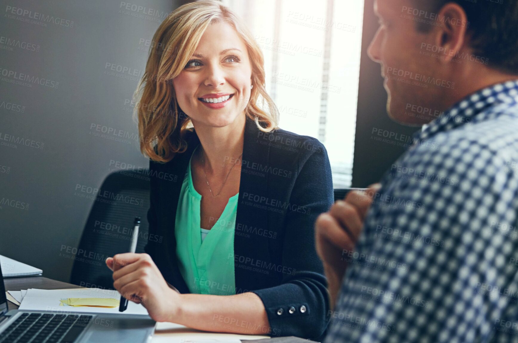 Buy stock photo Coworking, office and woman chat about teamwork, collaboration or support employee on project. Happy, meeting or people in planning discussion with journalist excited for creative article or research