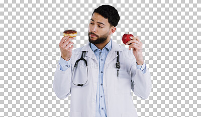 Buy stock photo Doctor, apple and donut for choice in health, nutrition and isolated on transparent png background. Man, decision and medical professional for thinking of diet, food and snack or offer for eating