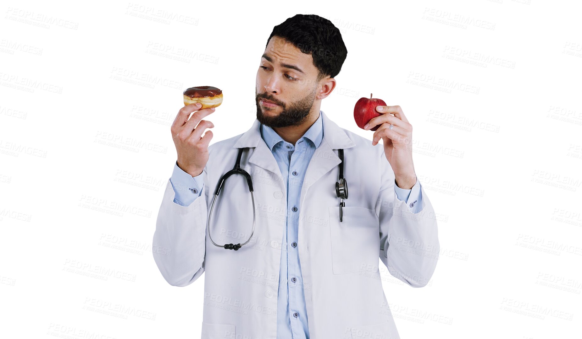 Buy stock photo Doctor, apple and donut for choice in health, nutrition and isolated on transparent png background. Man, decision and medical professional for thinking of diet, food and snack or offer for eating