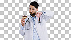 Man, doctor and thumbs down for choice in studio, donut and unhealthy snack in mockup. Mexican person, nutritionist and portrait or no, advice and opinion on diet, fail and food by gray background