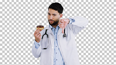 Buy stock photo Man, doctor and thumbs down for donut in portrait, fail and unhealthy snack. Male person, no and dislike emoji or icon, advice and opinion on diet, disagree and isolated on transparent png background
