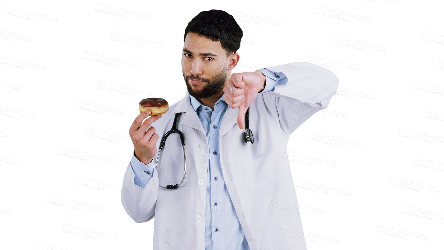 Buy stock photo Man, doctor and thumbs down for donut in portrait, fail and unhealthy snack. Male person, no and dislike emoji or icon, advice and opinion on diet, disagree and isolated on transparent png background