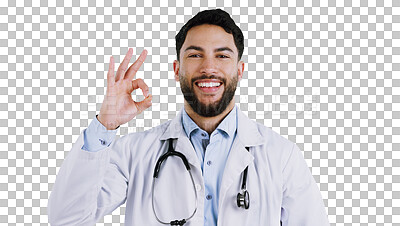 Buy stock photo Happy man, portrait and doctor with OK sign, healthcare and isolated on transparent png background. Male person, medical professional and smile for like emoji, well done and approval for wellness