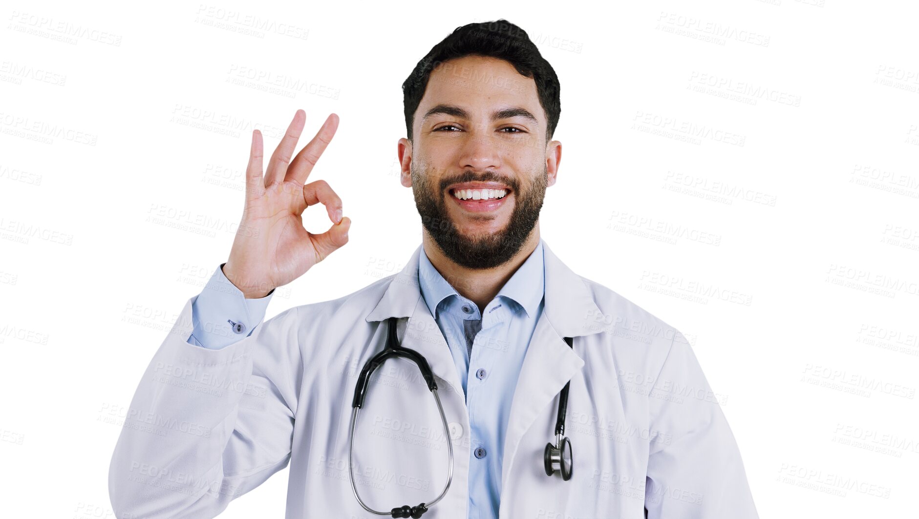 Buy stock photo Happy man, portrait and doctor with OK sign, healthcare and isolated on transparent png background. Male person, medical professional and smile for like emoji, well done and approval for wellness