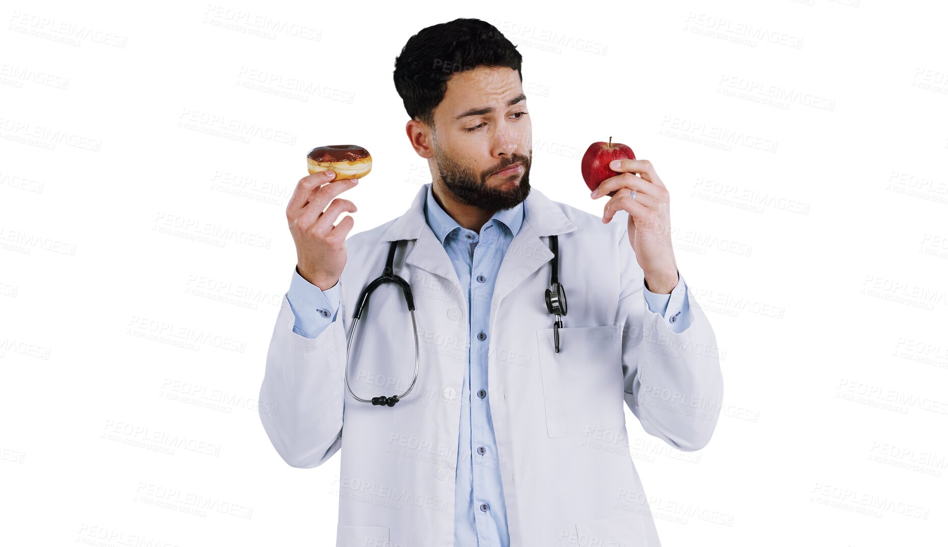 Buy stock photo Doctor, man and portrait, pointing at presentation with smile for medical information and advertising on png transparent background. Healthcare, communication and promotion with review or feedback 