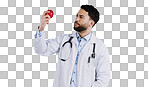 Healthcare, doctor and apple for holding in studio for mockup in nutrition on white background. Mexican person, male model or medical professional for red fruit in vegan, vegetarian or diet in space