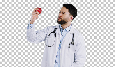 Buy stock photo Healthcare, doctor and thinking with apple for nutrition, vegan snack and organic food for wellness. Male person, medicare and healthy fruit in diet, choice and isolated on transparent png background
