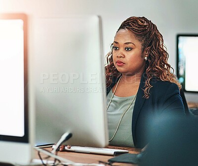 Buy stock photo Office, business and black woman on computer for online research, internet search and website. Corporate, professional and person on pc for administration, reading email and planning at desk for job