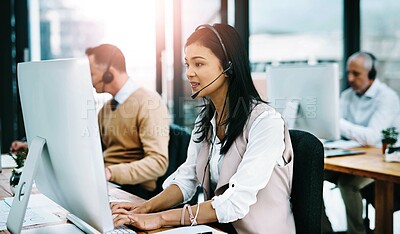 Buy stock photo Business woman, call center and computer with talking, coworking and online support in office. Customer service, consultation and digital communication with help desk advisor and web consultant