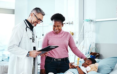 Buy stock photo Mature doctor, hospital and child with medical, checkup and consultation for health and wellness. Pediatrician, kid and bed with plush bear, comfort and good news for healthcare and life insurance