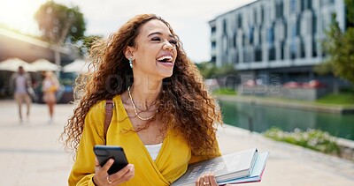 Buy stock photo Education, laughing and phone with student woman on campus of college or university for learning. Books, development and funny with happy person outdoor at school for growth, scholarship or study