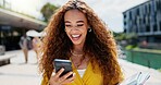 Laughing, phone and study with student woman on campus of college or university for learning. Books, education and funny with happy person outdoor at school for growth, scholarship or development