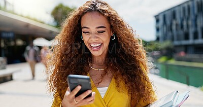 Buy stock photo Laughing, phone and study with student woman on campus of college or university for learning. Books, education and funny with happy person outdoor at school for growth, scholarship or development