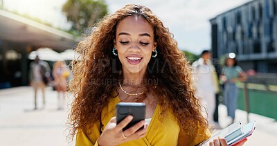 Buy stock photo Outdoor, student and girl with cellphone, smile and reading of message, notification and results for exam. Campus, mobile and person with scholarship in college, happy and online with pass of test
