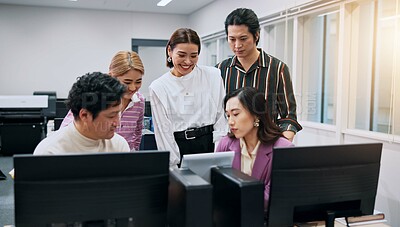 Buy stock photo People, tablet or meeting in office for review, business development or positive feedback for growth. Japanese coworkers, happy or tech in consulting agency for problem solving, advice or opportunity