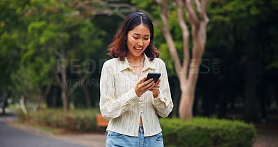 Buy stock photo Japanese woman, walk and phone outdoor for travel guide, communication and directions translation. Person, mobile and contact with location, journey and information of morning commute in Japan nature