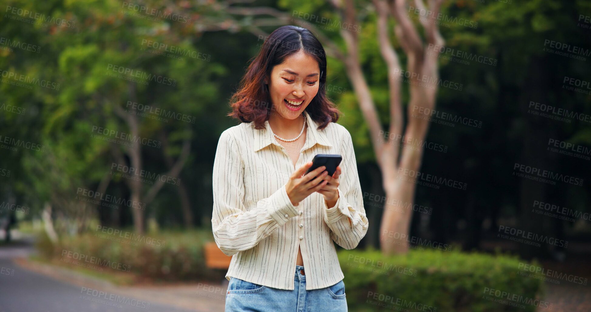 Buy stock photo Japanese woman, walk and phone outdoor for travel guide, communication and directions translation. Person, mobile and contact with location, journey and information of morning commute in Japan nature