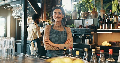 Buy stock photo Alcohol, woman and portrait with confidence for small business, hospitality and pride with smile. Restaurant, female person and bartender with arms crossed for customer service, drinks and cafe owner