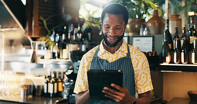 Buy stock photo Alcohol, man and smile with tablet for small business, hospitality and tracking stock online. Restaurant, male person and bartender with digital for customer service, retail store and drinks order