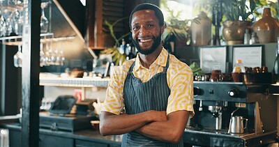 Buy stock photo Cafe, black man and portrait with arms crossed for small business, hospitality and pride with smile. Coffee shop, male person and barista with confidence for customer service, retail store and seller