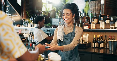 Buy stock photo Payment, order and waitress with woman at restaurant for fintech, barista service or shopping. Credit card, customer experience and pos machine with people in car for digital transaction and purchase