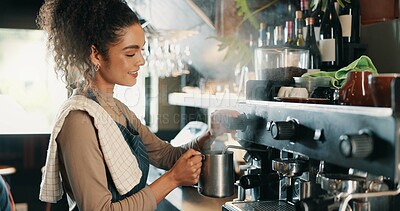 Buy stock photo Barista, coffee machine and woman in cafe, smile and confidence with skills, retail and pride. Steam froth, person and employee in restaurant, brewing and tea with mocha blend and premium caffeine