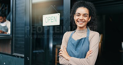 Buy stock photo Portrait, coffee shop and woman with arms crossed, confidence and waitress with friendly service, skills and smile. Face, person and employee with apron, supply chain and hospitality industry