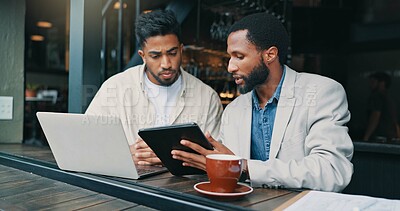 Buy stock photo Coffee shop, laptop and business people with tablet men and planning for startup. Coworking, graphic designers or teamwork in cafe, tech or research for illustration or online reading for digital app