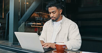 Buy stock photo Thinking, laptop and man in restaurant, coffee and remote work with content creation. Person, writer and freelancer with pc, research for article and editing for cafe review and email notification