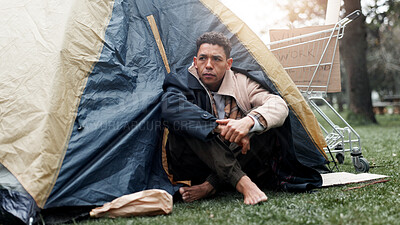 Buy stock photo Homeless man, sad and poverty and thinking outdoor by tent for perspective for crisis with economy on ground. Person, depressed and reflection with jobless, bankrupt and poor with stress in Brazil