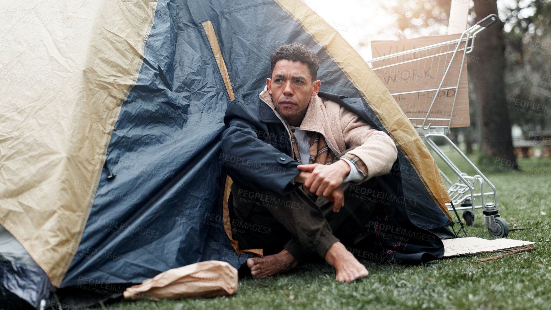 Buy stock photo Homeless man, sad and poverty and thinking outdoor by tent for perspective for crisis with economy on ground. Person, depressed and reflection with jobless, bankrupt and poor with stress in Brazil