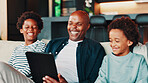 Home, father and sons on sofa, tablet and bonding together with app for online game, humor or smile. African family, apartment and dad on couch, laugh and happy with kids, social media or funny video