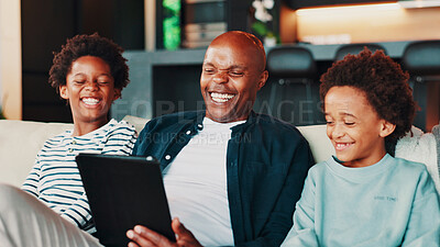 Buy stock photo Home, father and sons on sofa, tablet and bonding together with app for online game, humor or smile. African family, apartment and dad on couch, laugh and happy with kids, social media or funny video