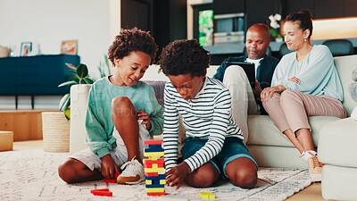 Buy stock photo Building blocks, playing and kids on floor in home for development, growth or bonding. Happy, toys and boy children on carpet in living room for connection, friendship or siblings together in house.