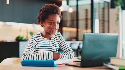 Buy stock photo Homework, happy and child in home on laptop for online learning, education and virtual lesson on school website. House, family and African boy on computer for test, knowledge and studying on webinar