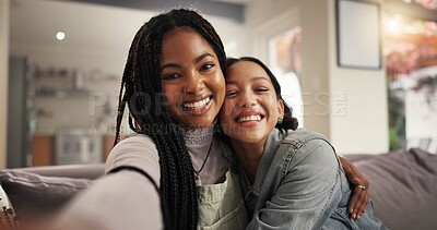 Buy stock photo Happy women, sofa or friends with hug for selfie, picture or photography of portrait at home. Female people, embrace or smile with emoji in POV for capture moment, social media or post at house
