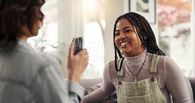 Buy stock photo Relax, friends and women with smartphone, bonding and laughing at gossip on social media and happy. House, smile and people with mobile for funny news on post, reunion and together in living room